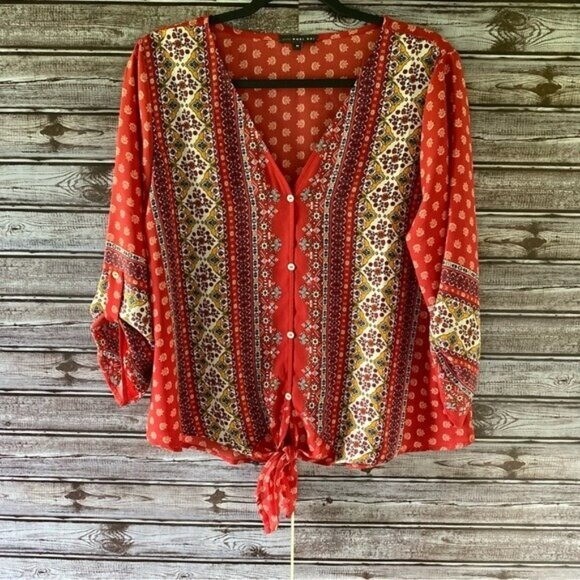 West Kei Women's Button-Down Blouse Size M Red V-Neck Tie Front