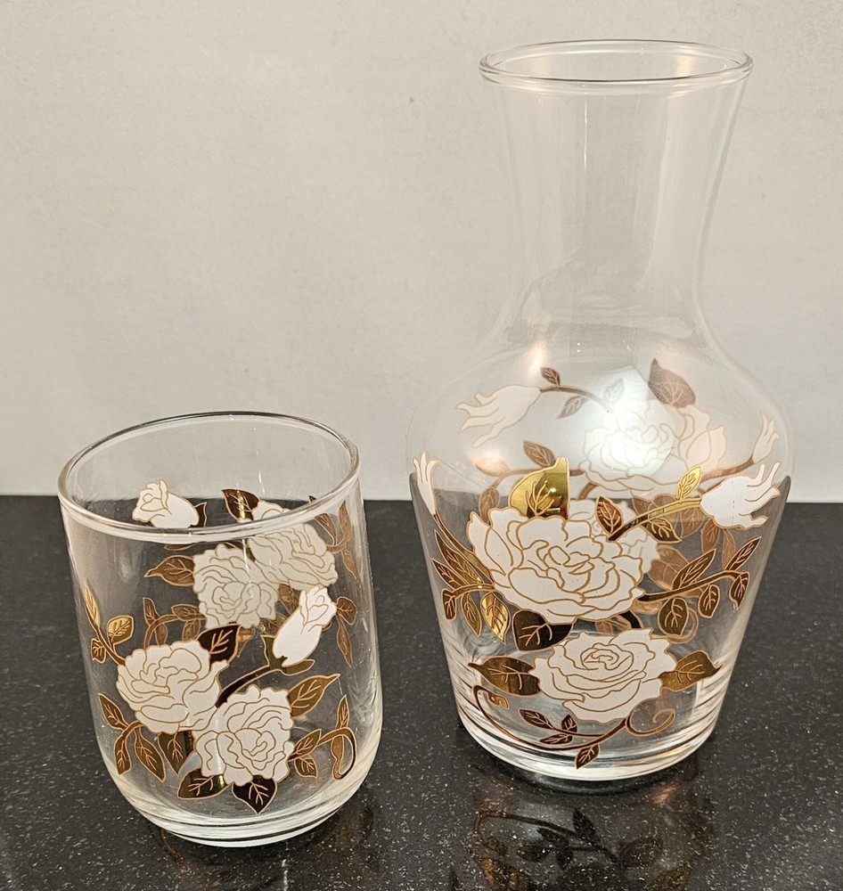 Rose Glass Carafe Set for Bedside Table, Nightstand for water/wine/juice NEW