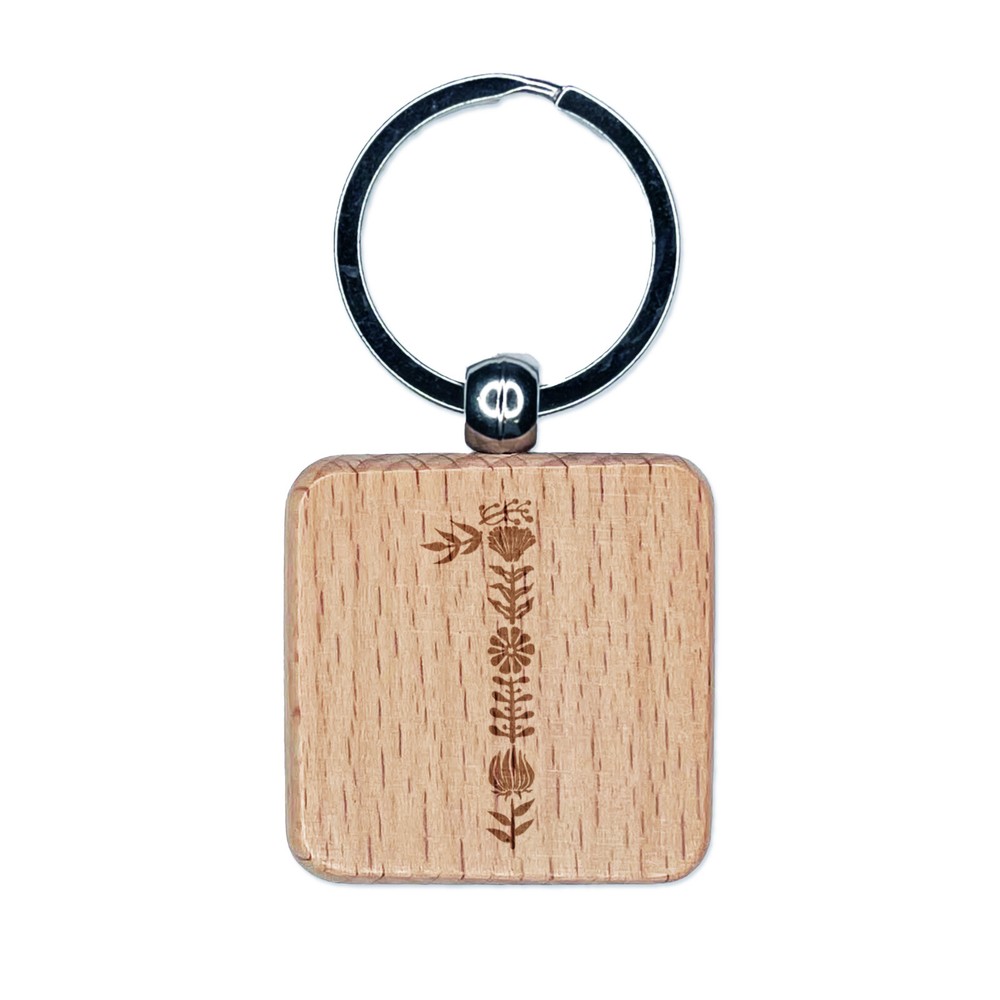 Elegant Botanical Floral Number 1 Engraved Wood Square Keychain Tag Charm