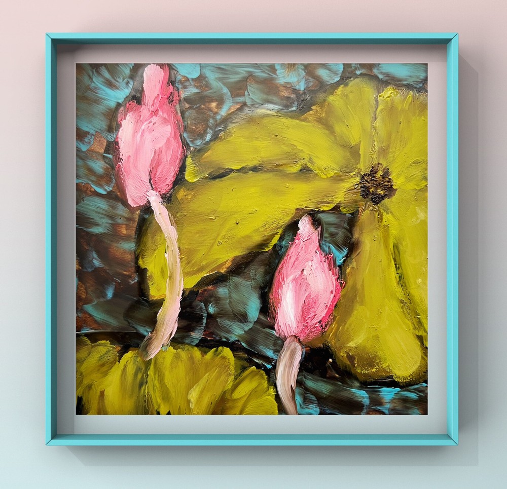 Abstract waterlily oil painting inspired by Monet’s Impressionist pond and swamp artwork