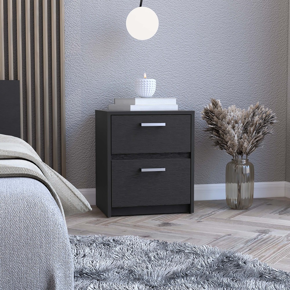 NEW Trivor 2 Drawers Nightstand ,End Table,Side Table Metal Handles-Black