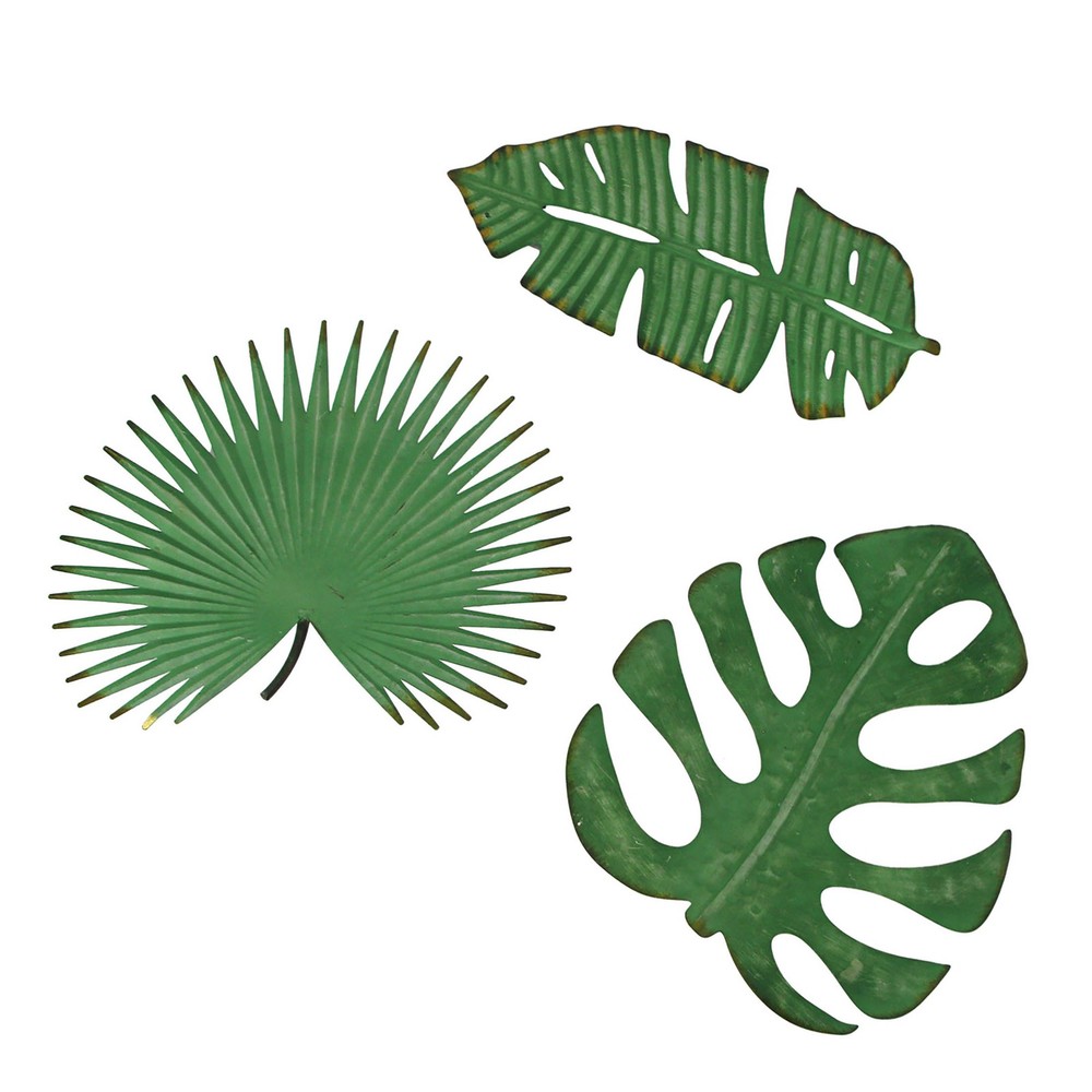 Set 3 Antiqued Green Metal Tropical Leaf Wall Hanging Palmetto Monstera Banana