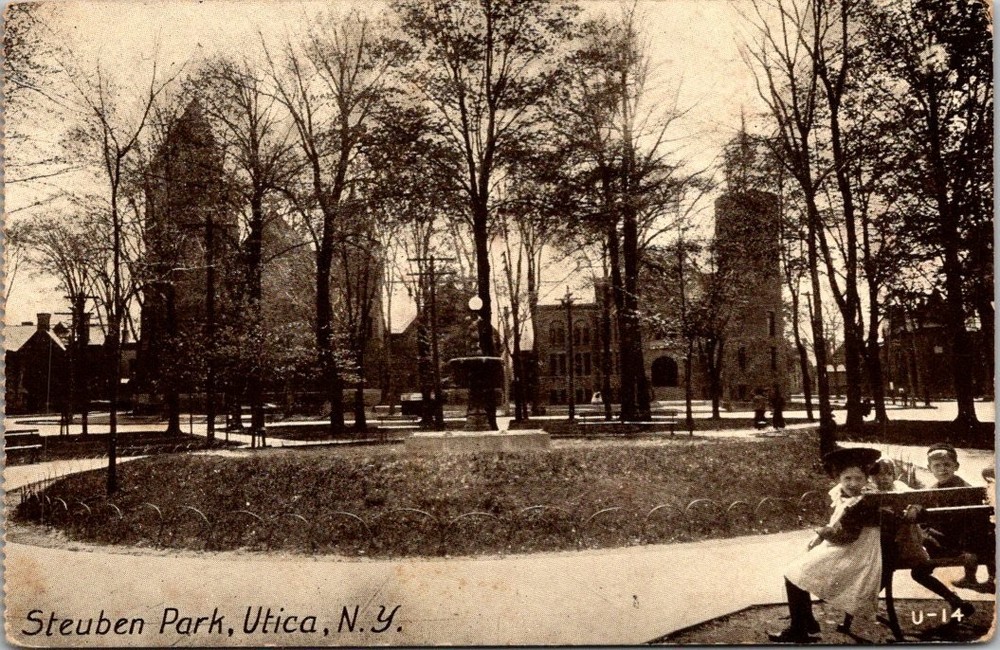 1911 Steuben Park Utica NY Postcard - Children on Bench - American Publicity