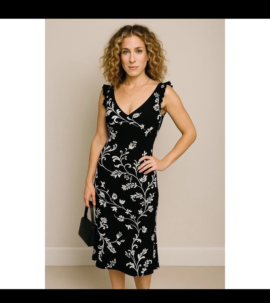 La Belle Y2K Black White Floral Midi Dress L Carrie Bradshaw Vintage