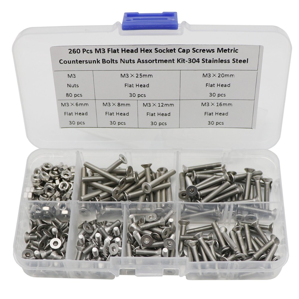 260 Pcs M3 Hex Socket Flat Head Countersunk Bolts Screw Nut Assortment Kit-30...