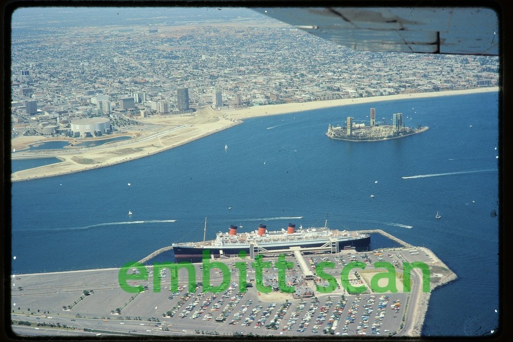 Original Slide, Cunard Line Ocean Liner RMS Queen Mary Long Beach CA 1974 Aerial