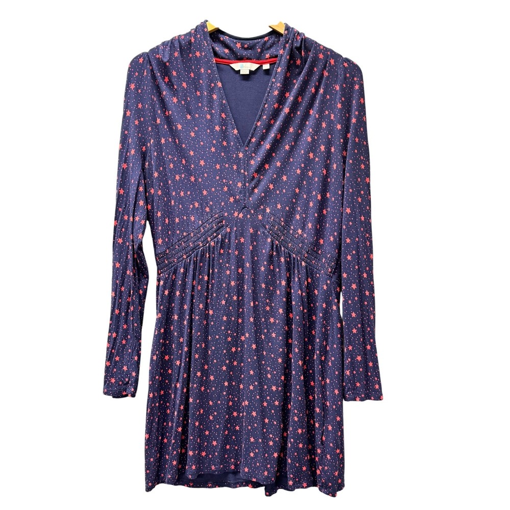 Boden Betty Dress Womens 12 Blue Red Star Print Jersey Tunic V-Neck Long Sleeve
