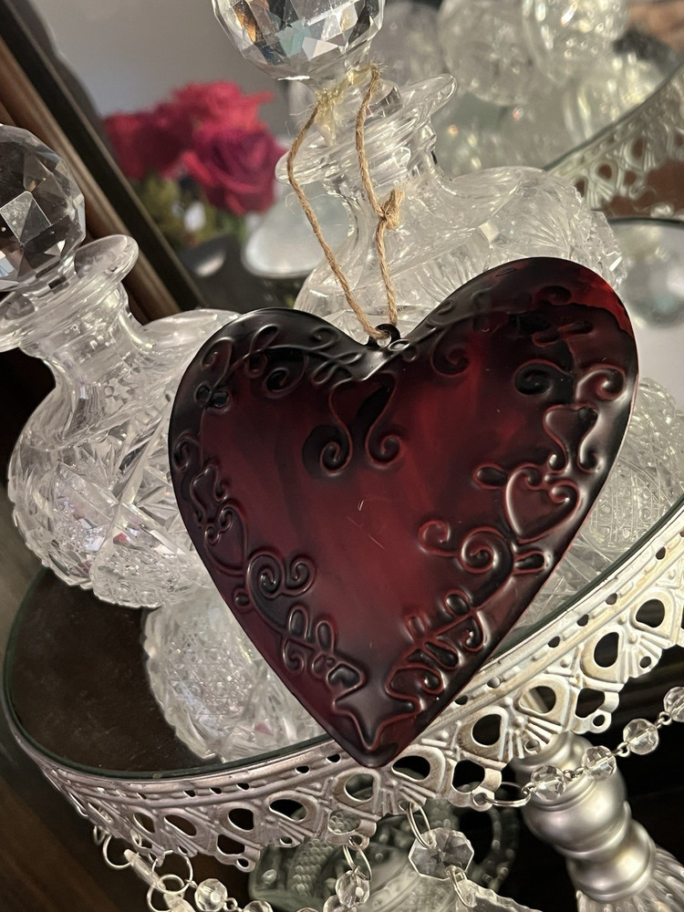 NEW Hanging Metal Dark Red Puff Heart Ornament elegant Victorian Goth embossed
