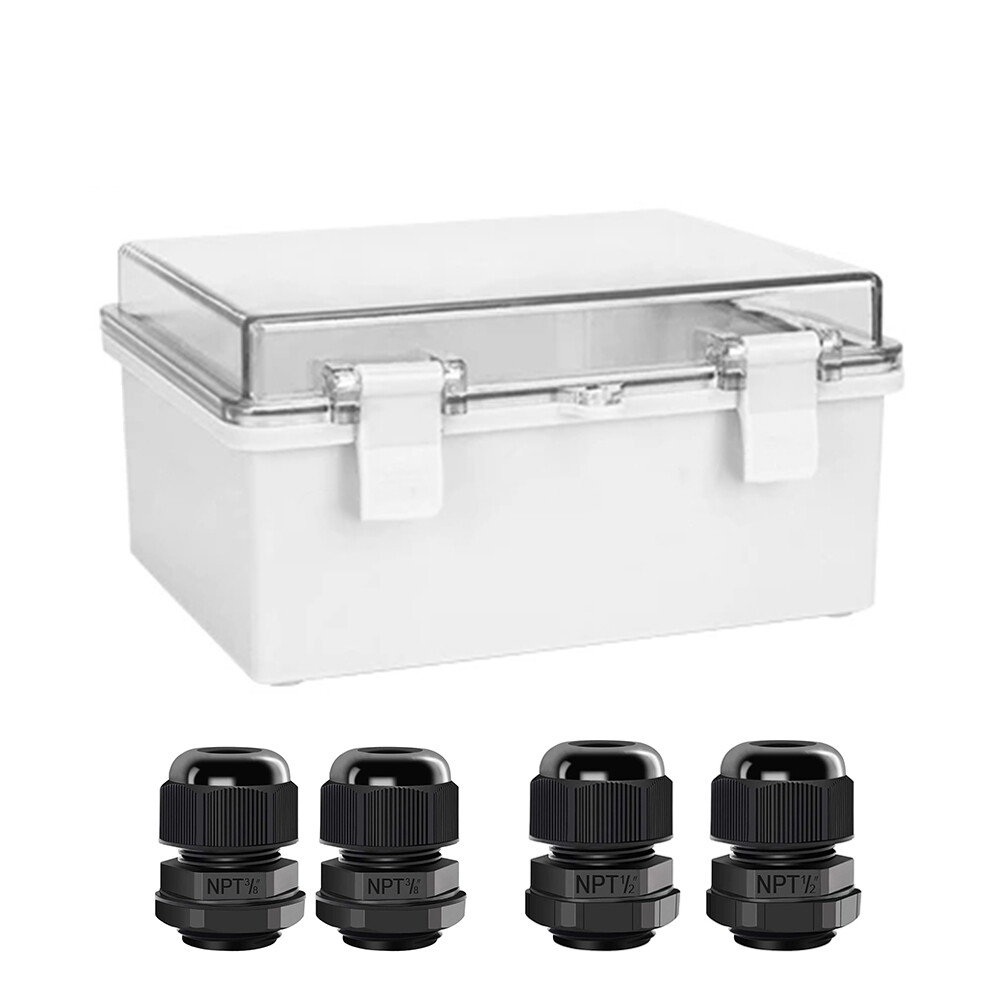 ABS Electrical Enclosure Box Clear Cover Waterproof Project Case w/ Cable Glands-image
