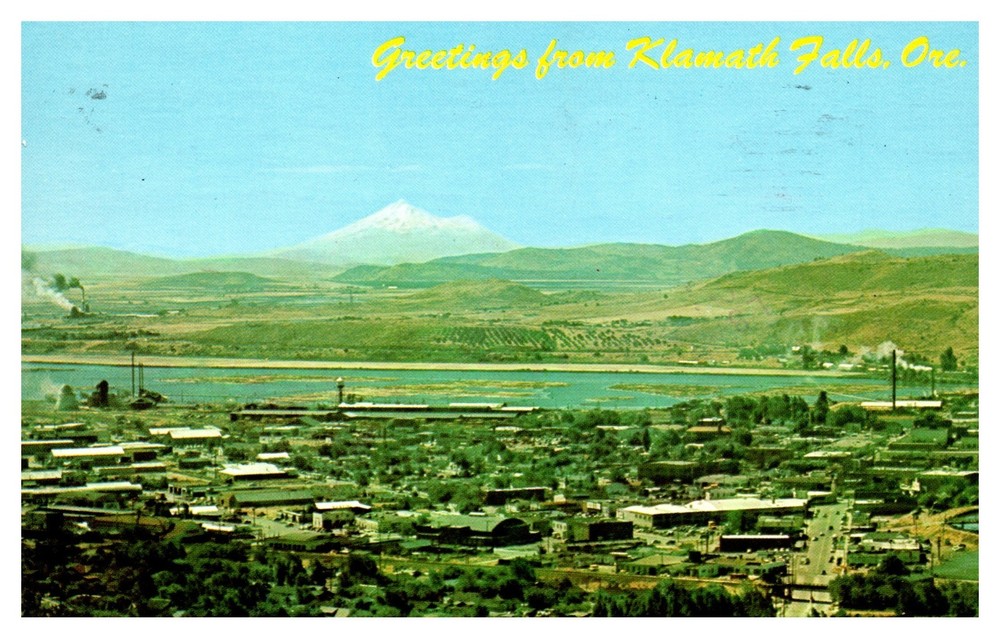 Klamath Falls OR Oregon Aerial View Greetings From Posted 1980 Chrome Postcard
