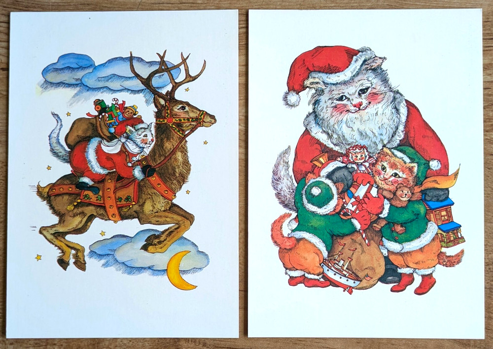 Two 1987 Santa Cat and Reindeer Unposted Evelyn Gathings Illustration Postcards