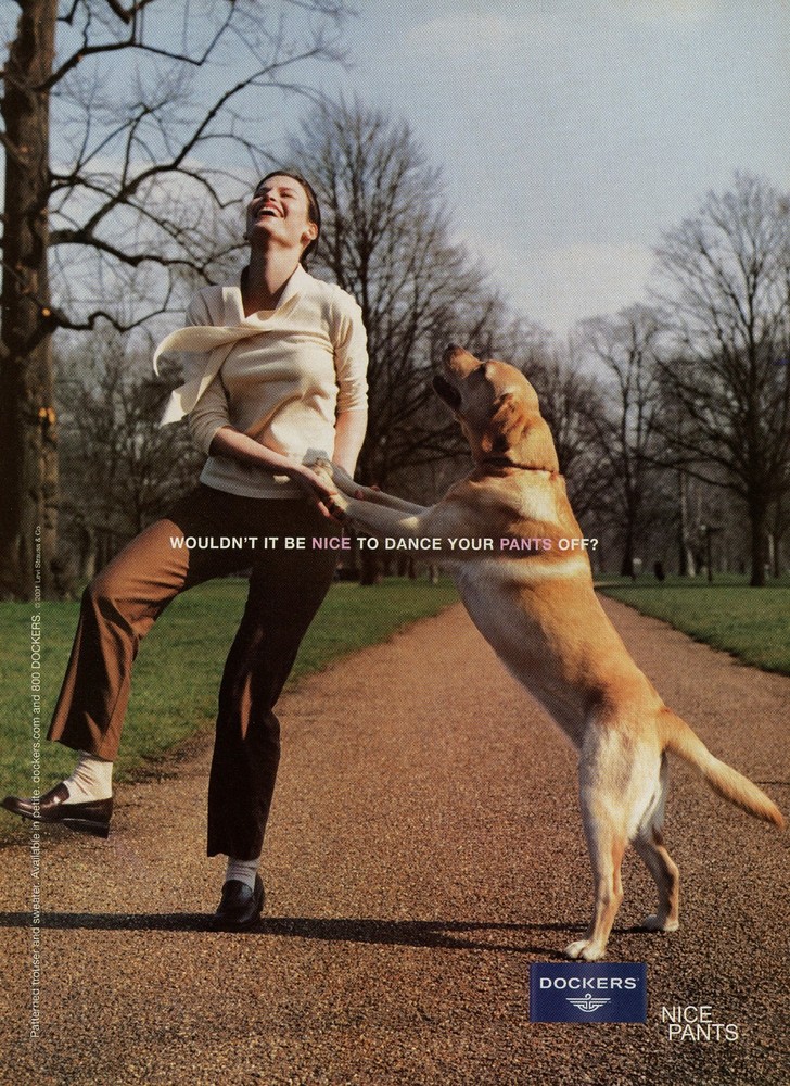 DOCKERS Magazine Print Ad Advert #02 RARE 2001 PRETTY BRUNETTE W/ DOG