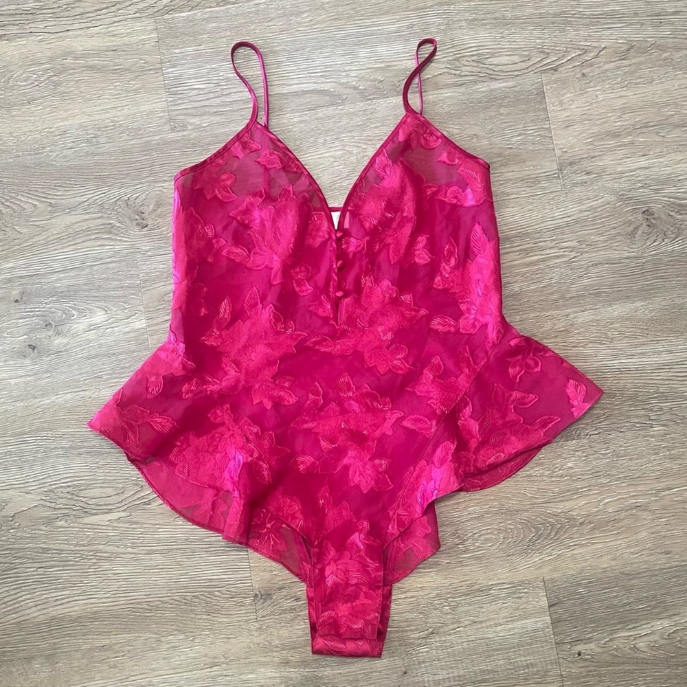 90s Victoria Secret Gold Label Red Floral Bodysuit Coquette Sheer Women's Small