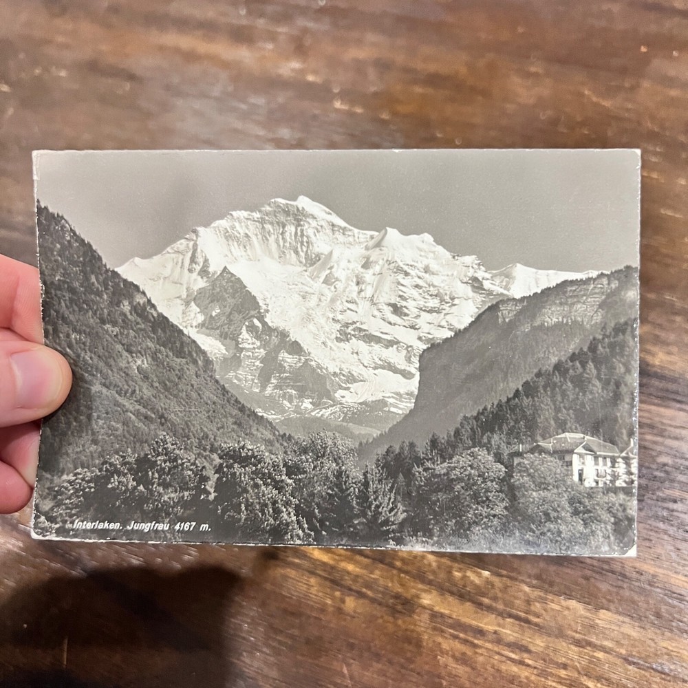 Vintage Postcard Interlaken Switzerland Jungfrau Mountain Snow Covered Peak