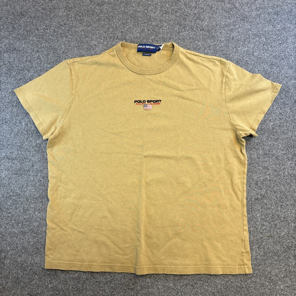 VTG Polo Sport Ralph Lauren 1992 Logo Classic Fit USA Flag Tee Brown Shirt L