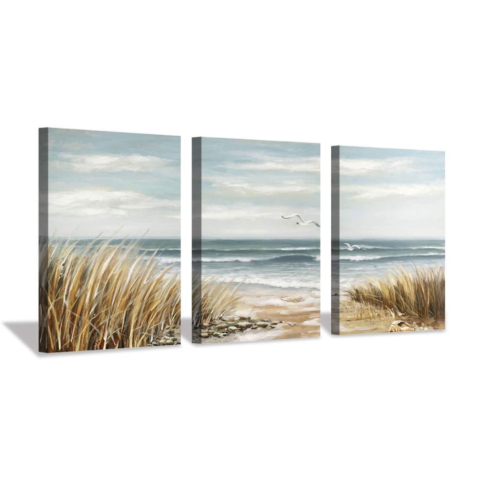 Abstract Beach Picture Wall Art: Coastal Grass Seascape Artwork Print on Canv...