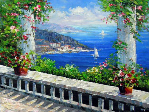 Oil painting summer season Mediterranean landscape with still life flowers ART