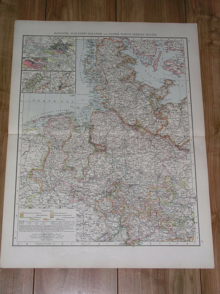1896 Original Antique Map Of Schleswig-Holstein Lower Saxony Hamburg Germany