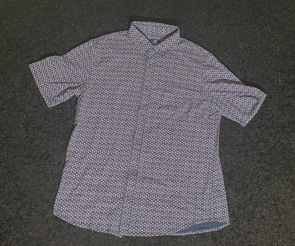 George Men's L Blue/White Geometric Woven Short Sleeve Button-Up Shirt