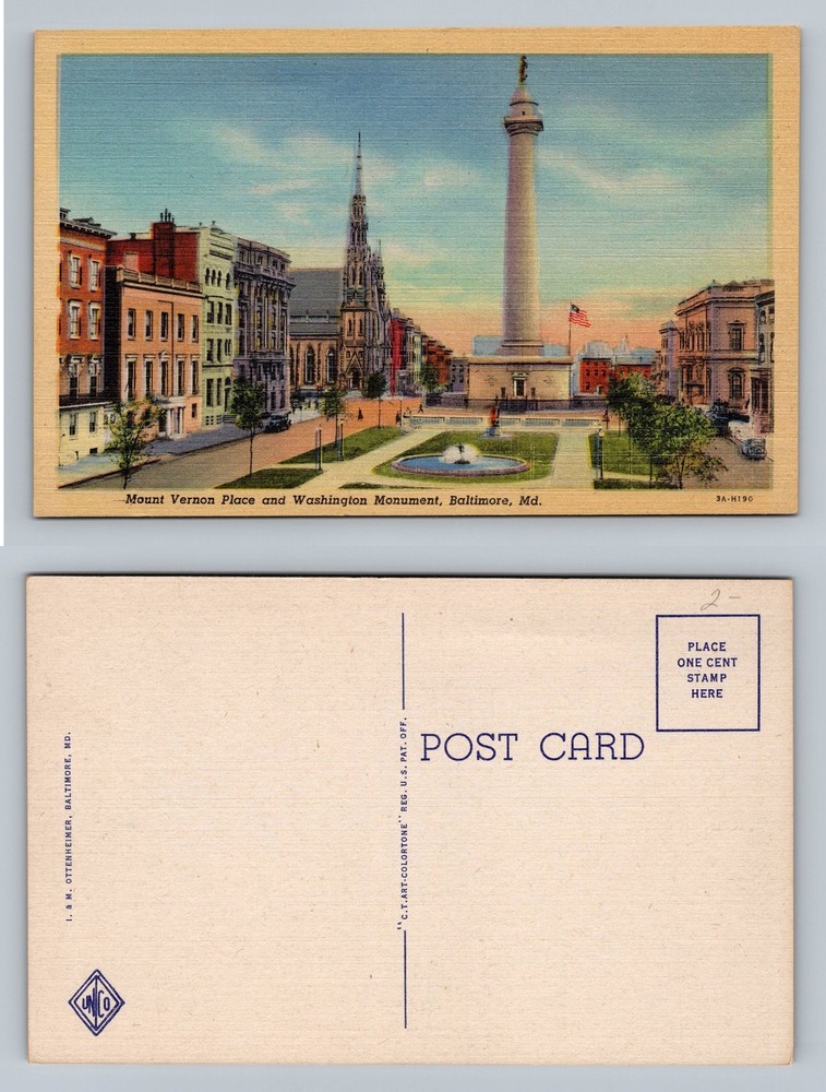 Baltimore, MD-Maryland, Mt Vernon & Washington Monument PC Vintage Postcard