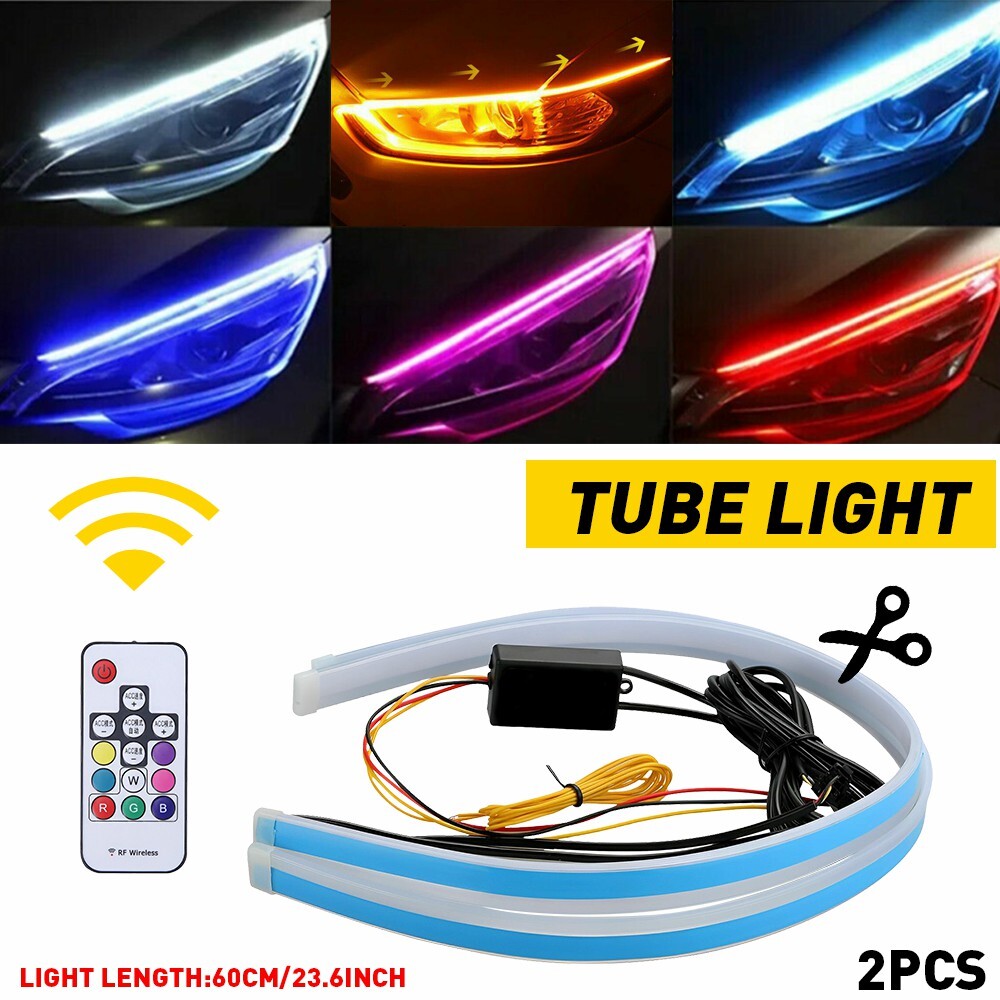 2X RGB LED DRL Strip Headlight Turn Light Signal Lamp Eyebrow 24