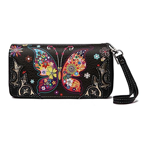 Western Butterfly Rhinestone Concho Studded Floral Black Embroidered Top
