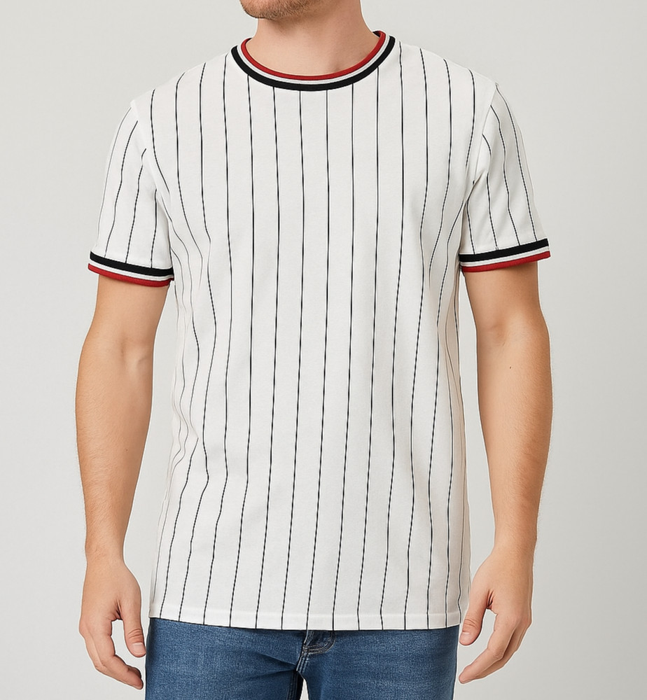 Forever 21 Men’s White Pinstripe T-Shirt Size S Black Red Trim Crew Neck Casual