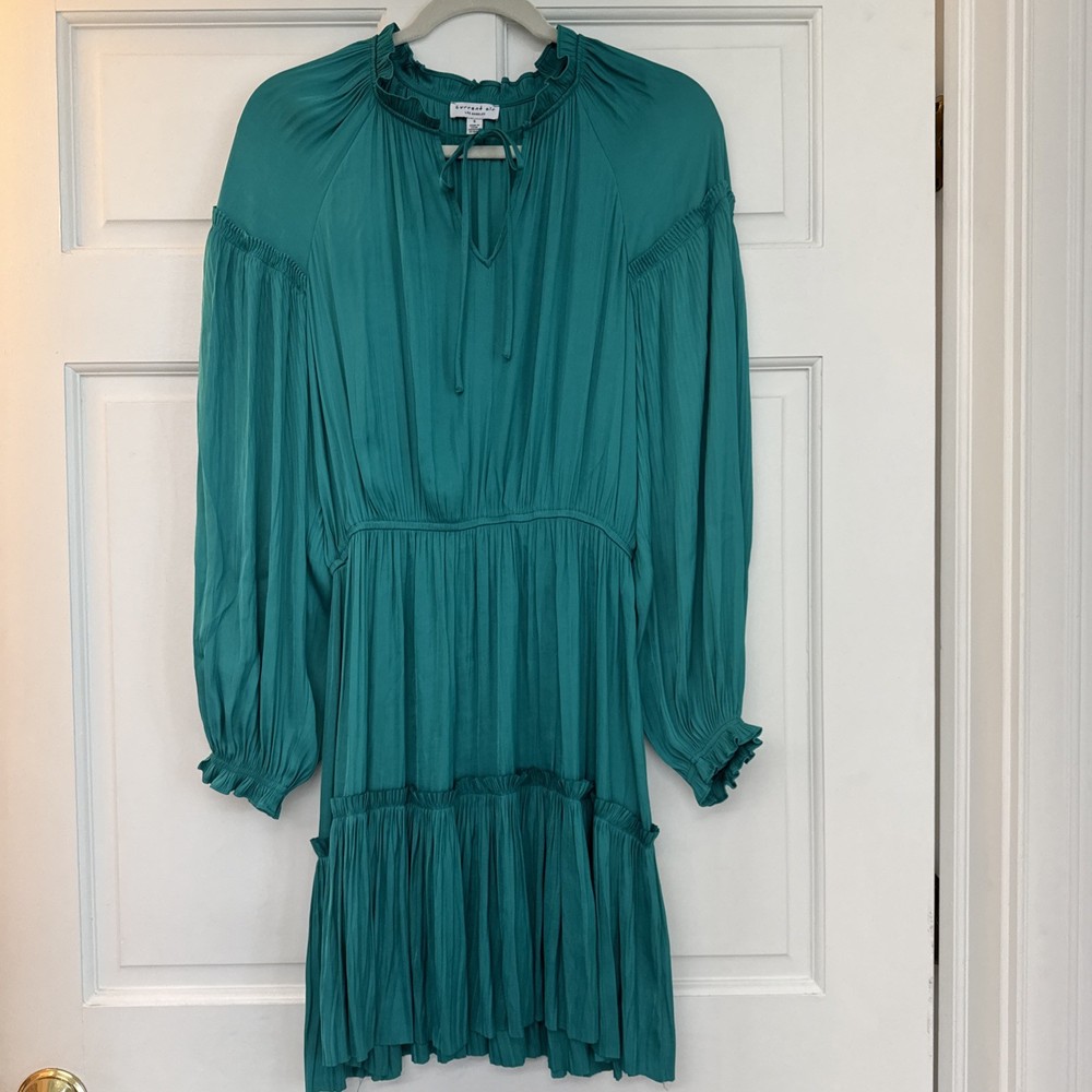 Current air dress small Teal 3/4 sleeve tiered midi pleated satin