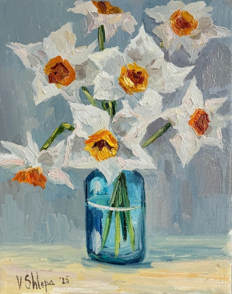 Blooming Flowers Daffodils Painting Original Oil Impressionism Signed Art 8x10in
