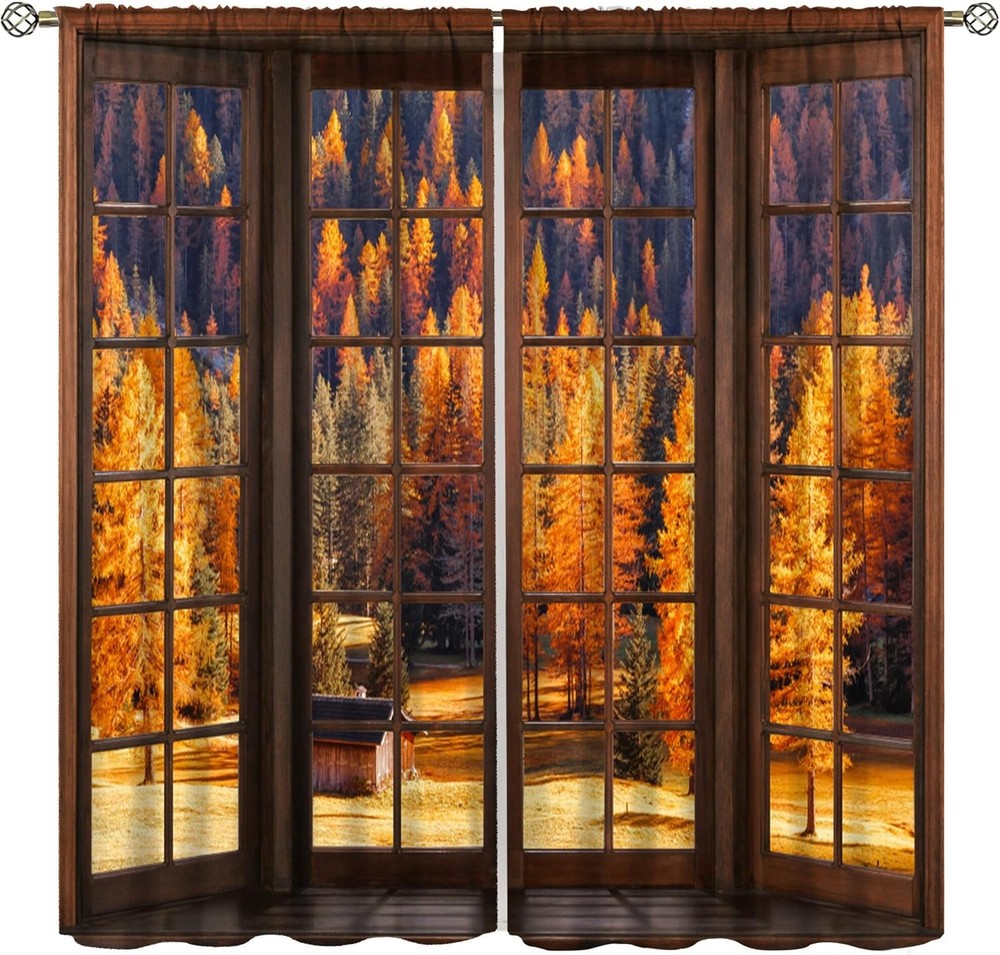 Nature Forest Kitchen Curtains,Rustic Country French Autumn Forest Landscpae Ca
