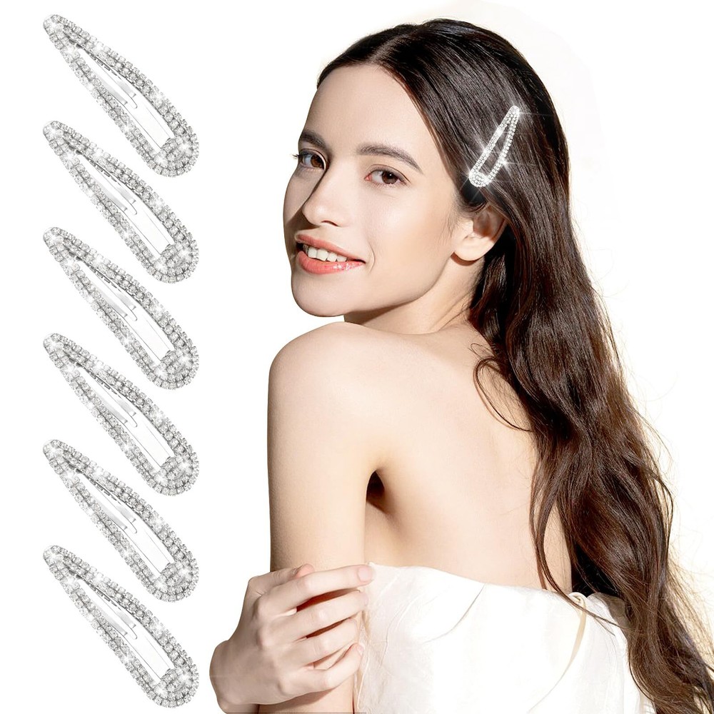 2.4 Inch Rhinestone Hair Clips, 6PCS Hair Clips Snap Barrettes 2.4 in Silver