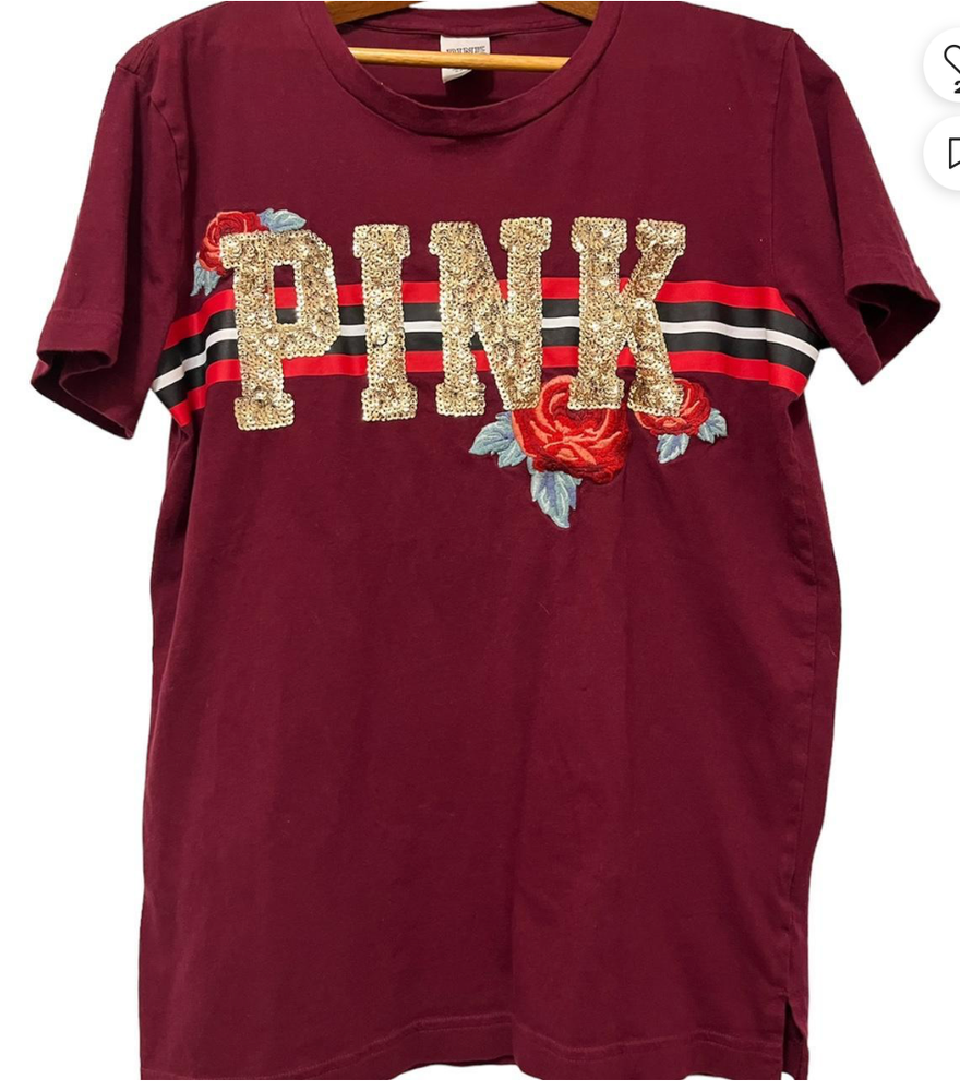 VICTORIA'S SECRET PINK Maroon Red T-Shirt Top GOLD SEQUINS Embroidered Roses S