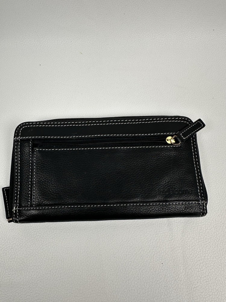 Liz Claiborne Black  Pebble Leather Zip Around Wallet Organizer Women's