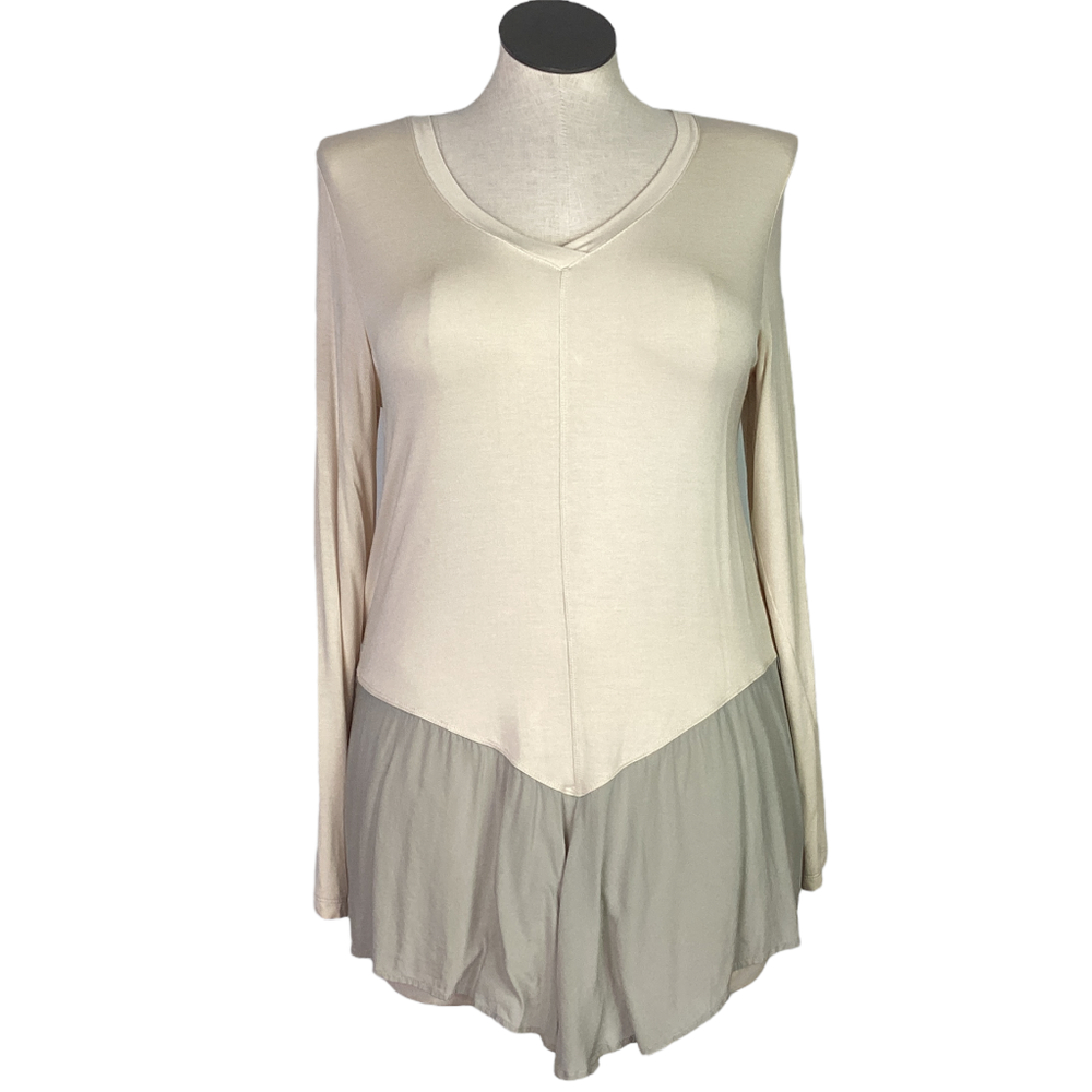 LOGO Lori Goldstein Top Women L Ivory Colorblock  Jersey Long Sleeves Satin Hem