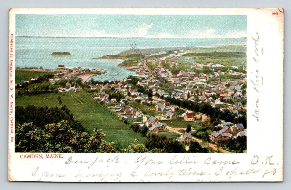 Vintage 1914 Camden Maine Aerial View Postcard Coastal Town Harbor G.W. Morris