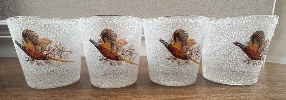 4 Vintage West Virginia Glass Pebble Frosted Pheasant Bird Old Fashioned Glasses