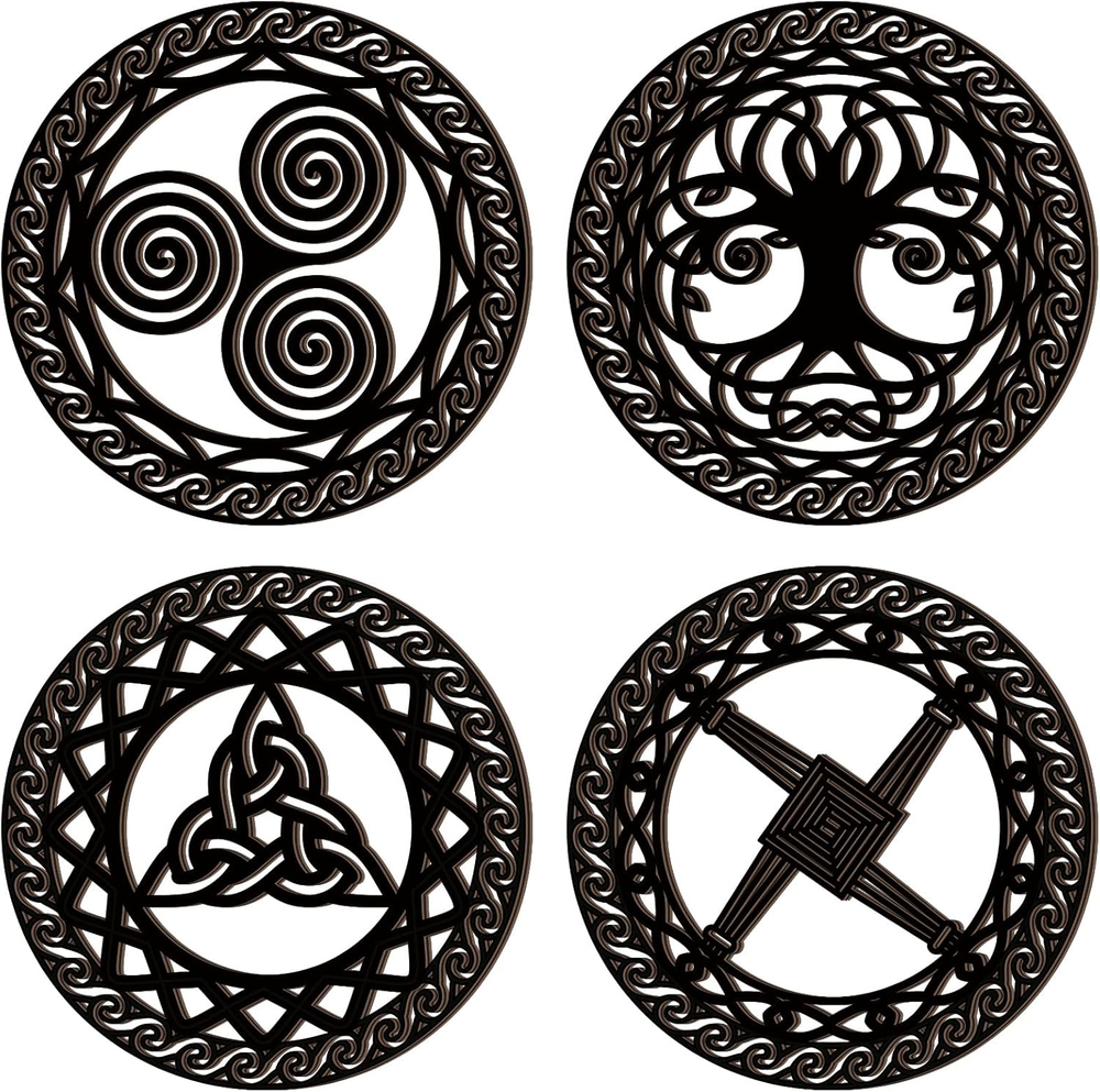Celtic Symbol Wall Decor 4 Pcs Celtic Cross Knot Triple Spiral Symbol Wood Sign