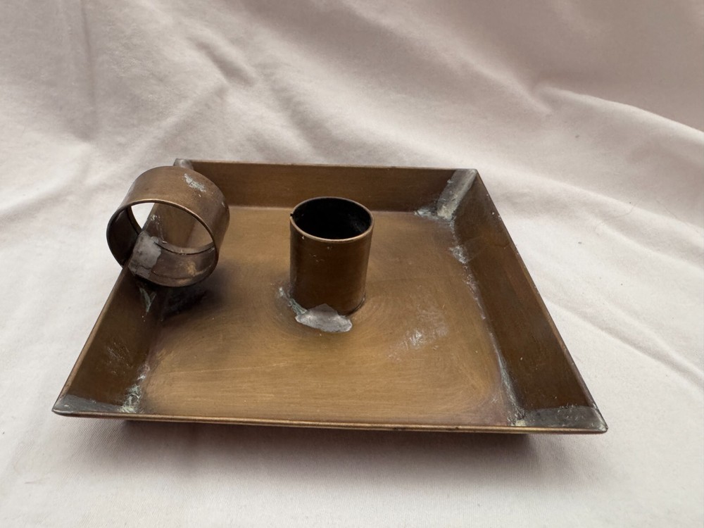 Vintage Square Metal Copper Tone Finger Loop Candle Holder