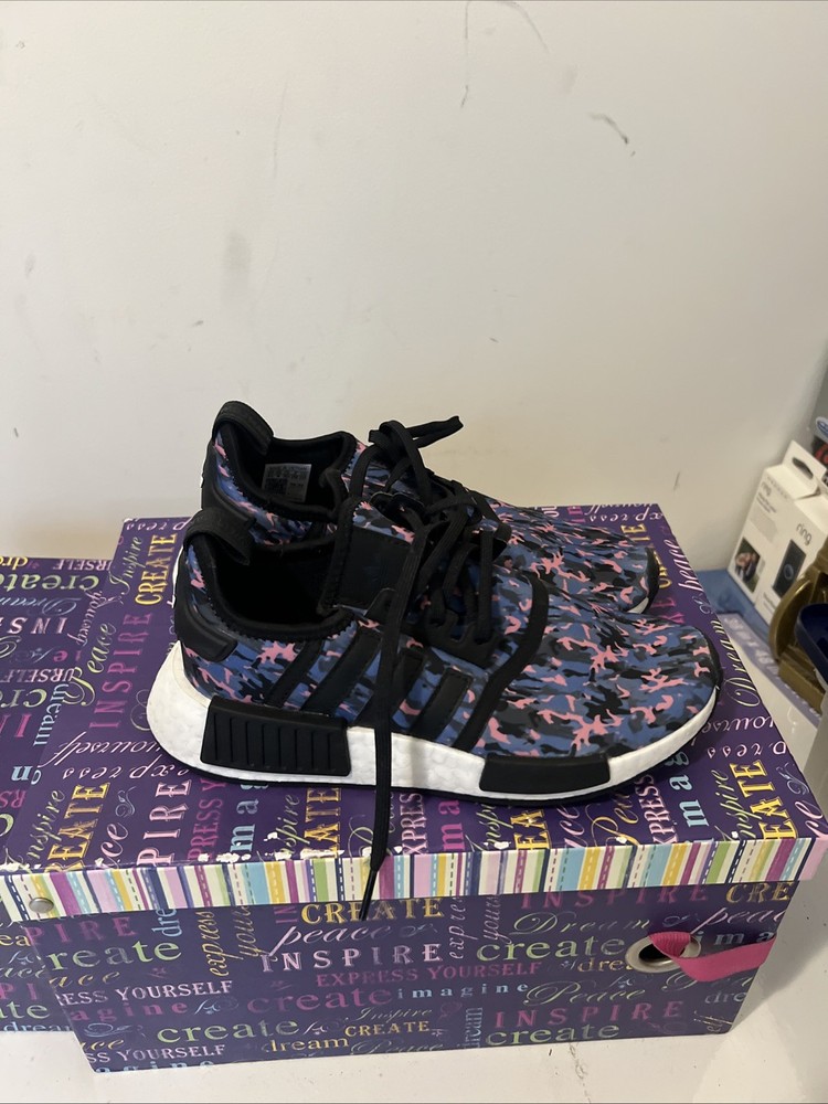 Adidas NMD_R1 J Women's Size 4.5 Black Blue Pink Camo Running Shoes (HQ6183)