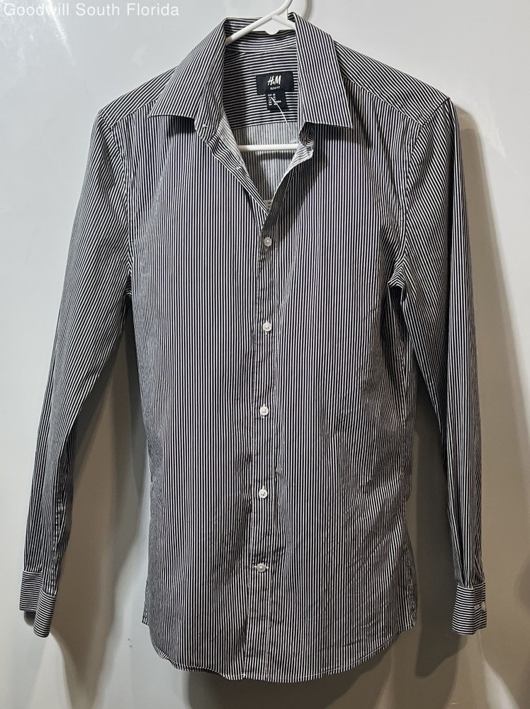 H&M Mens Black & White Striped Long Sleeve Slim Fit Button-Up Shirt Size XS