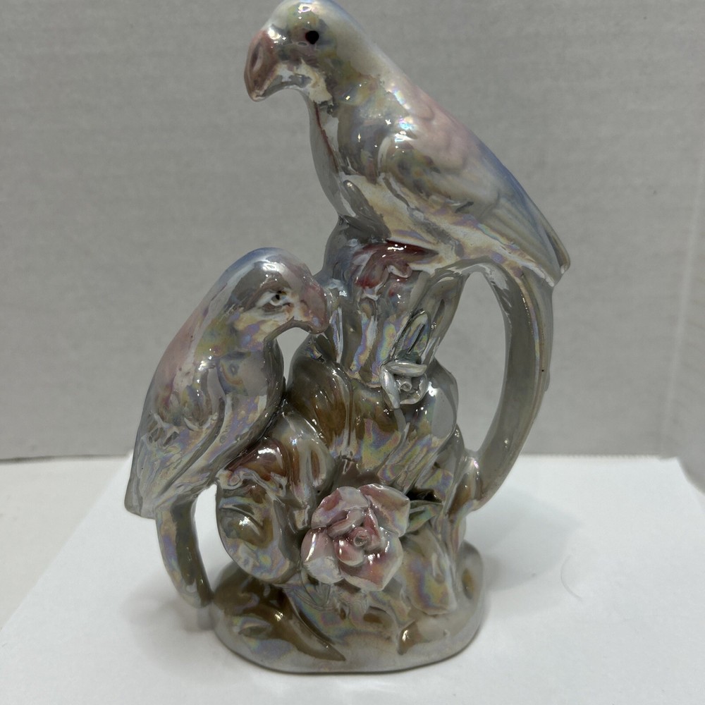 Vintage Ceramic Love Birds Opalescent White, Blue, And Pink  7” x 4.5”