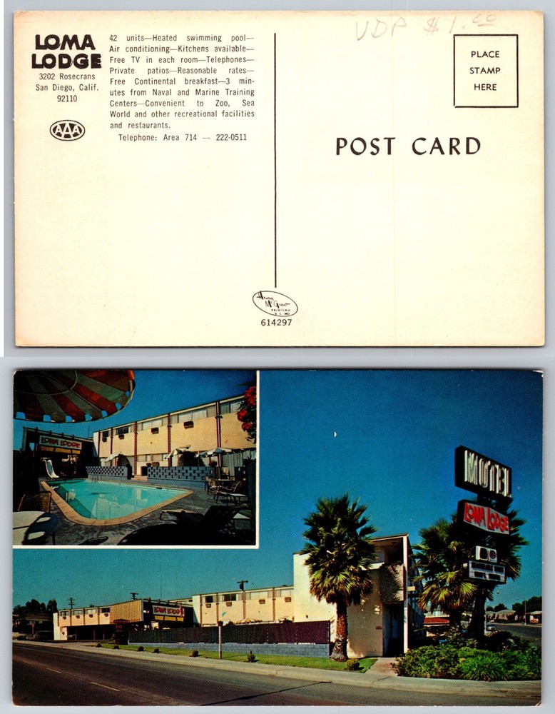 Loma Lodge Motel Pool San Diego CA Postcard
