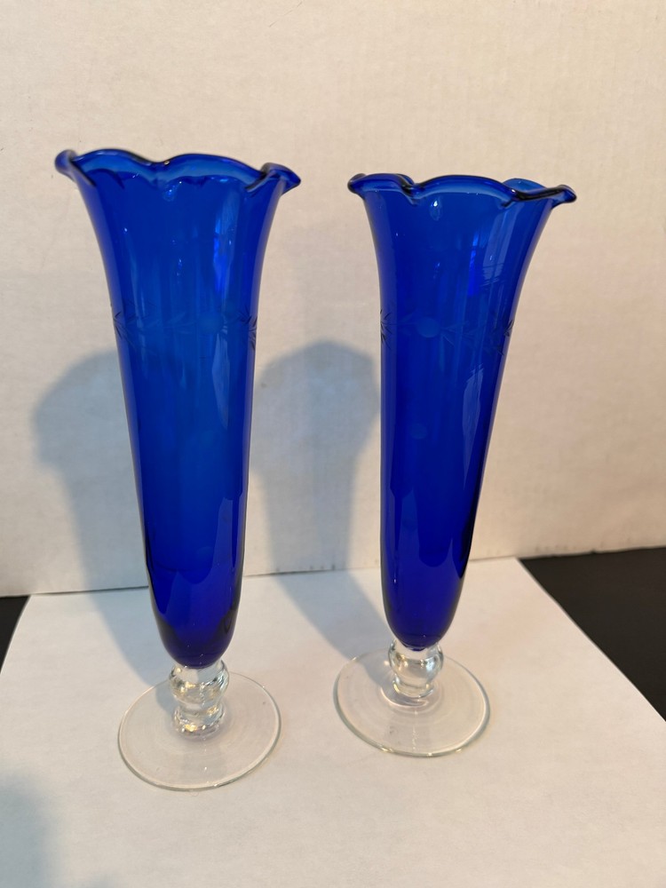 Pair Vintage Cobalt Blue Glass Bud Vases Scalloped Rim Etched Floral 8.5”