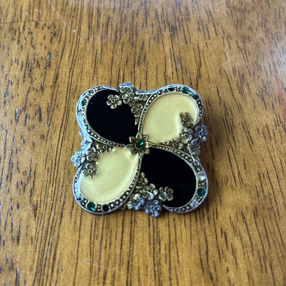 Vintage ? Catherine Popesco Brooch Pin Square Black Yellow Enamel Rhinestones