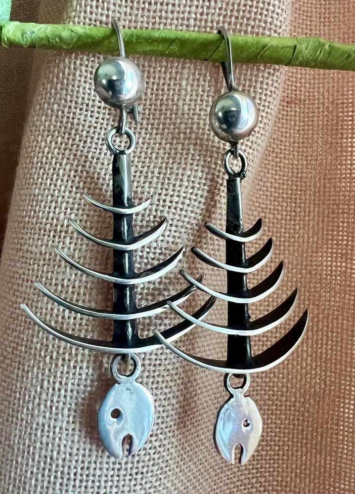Vintage FC Mexico Sterling Silver Fish Bone Dangle Earrings Hard To Find