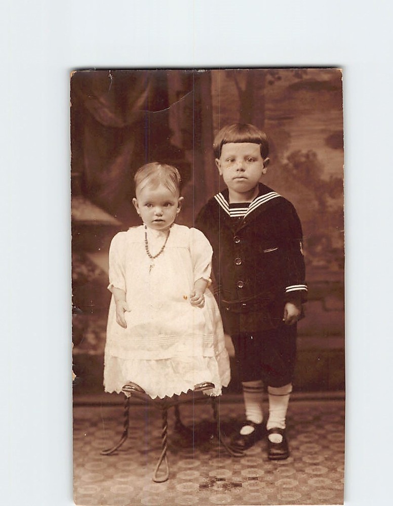 Postcard Vintage Picture Boy Sailor Suit and Girl in White Dress