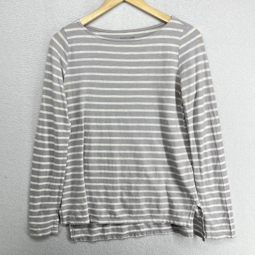EILEEN FISHER Top XS Organic Cotton Jersey Striped Boat Neck Long Sleeve Gray