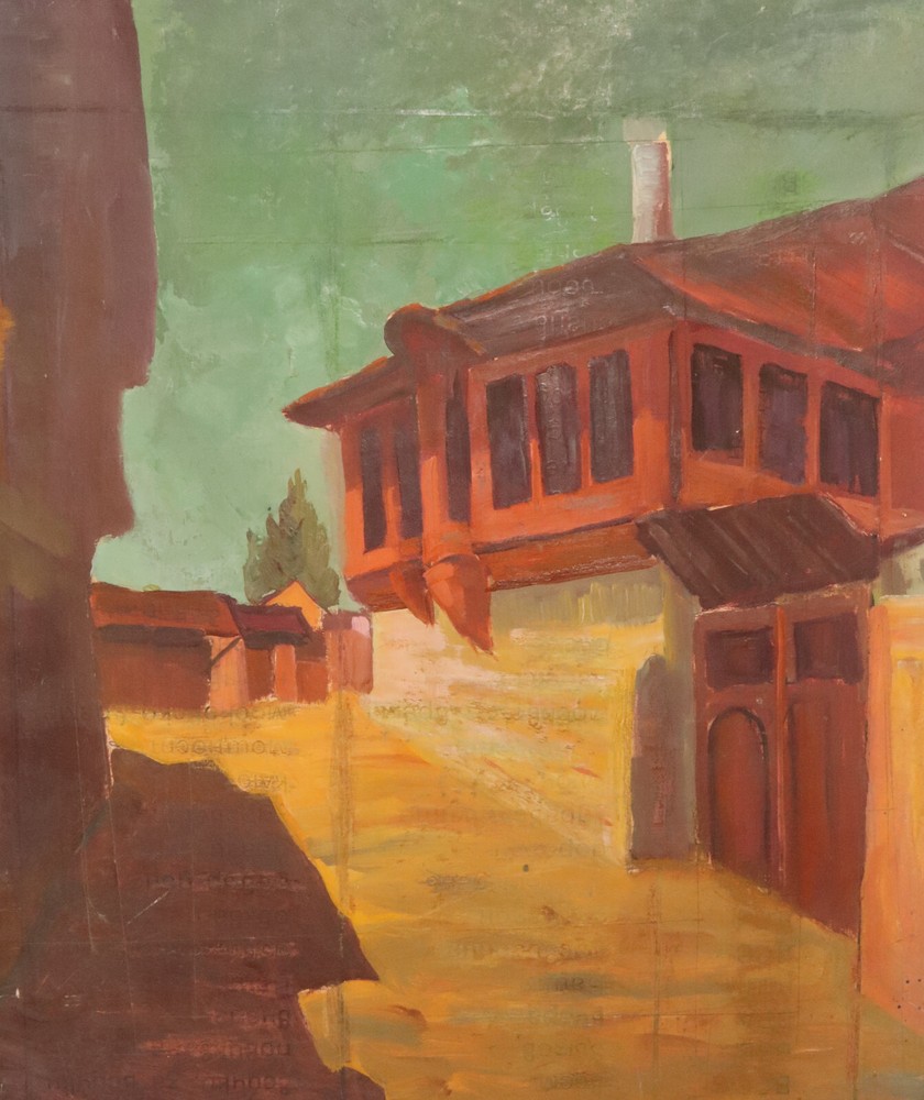 Antique original gouache painting country house cityscape landscape