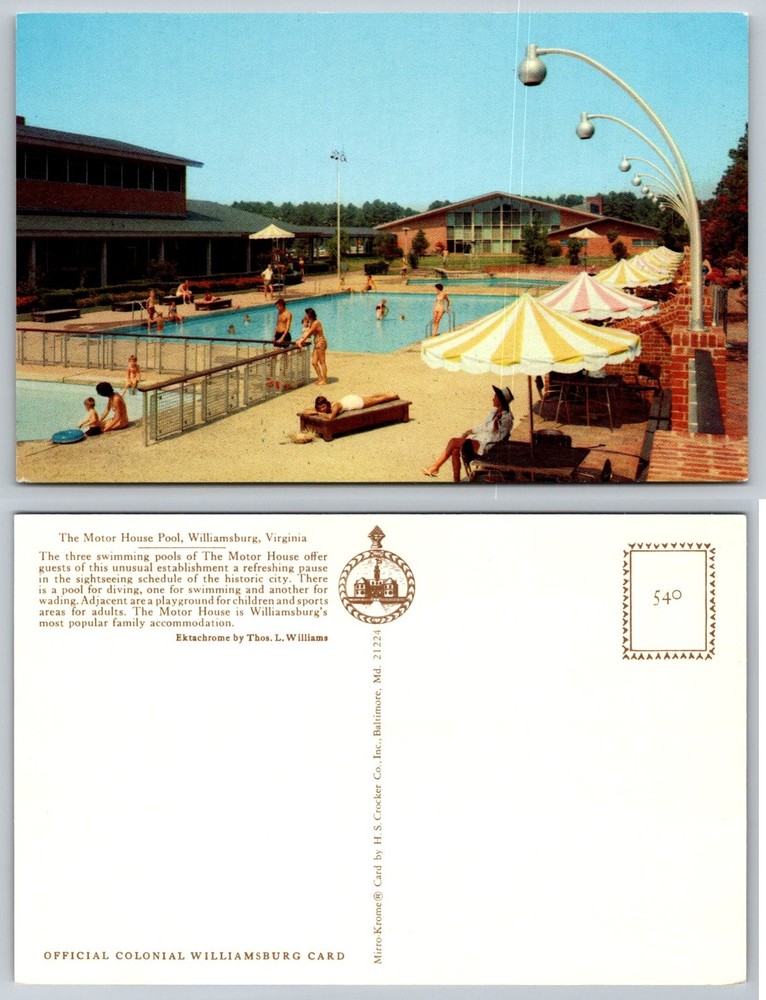 Vintage Motor House Pool Williamsburg VA Mirro-Krome Postcard 1950s 60s Chrome
