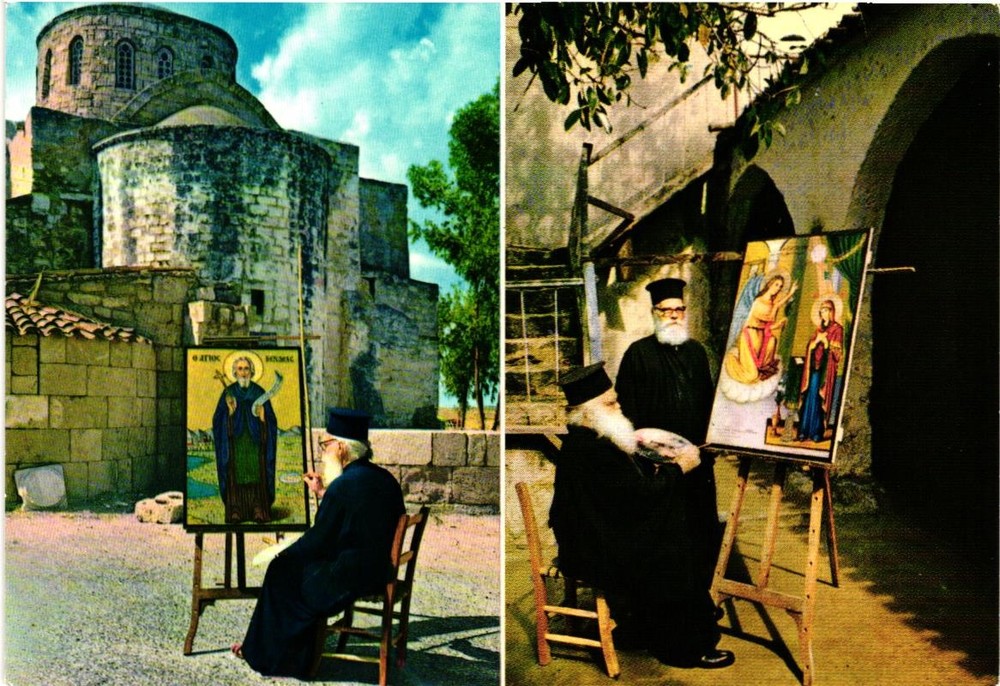 Colourful Cyprus Postcard St. Barnabas Monastery Monks Painting Icons